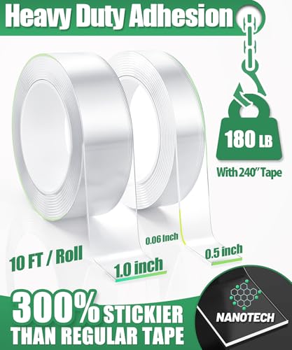 Double Sided Tape Heavy Duty, 240" L x 1"/0.5" W, Removable Waterproof Clear Nano Mounting Tape for Picture Hanging, Wall Decor, Rugs & Posters, Indoor Outdoor