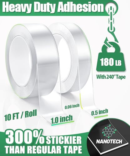 Double Sided Tape Heavy Duty, 240" L x 1"/0.5" W, Removable Waterproof Clear Nano Mounting Tape for Picture Hanging, Wall Decor, Rugs & Posters, Indoor Outdoor