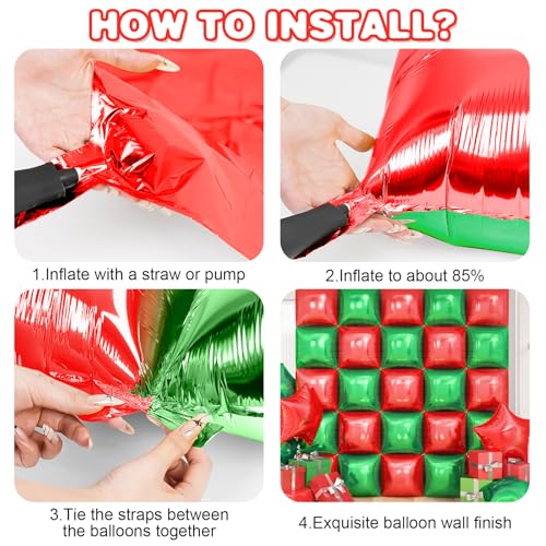 Red Green Square Foil Balloon Wall,25Pcs Double Sided Balloon Backdrop Helium Balloons Tunnel Arch Garland Kit for Christmas Birthday Anniversary Party Decorations - style: Red Green