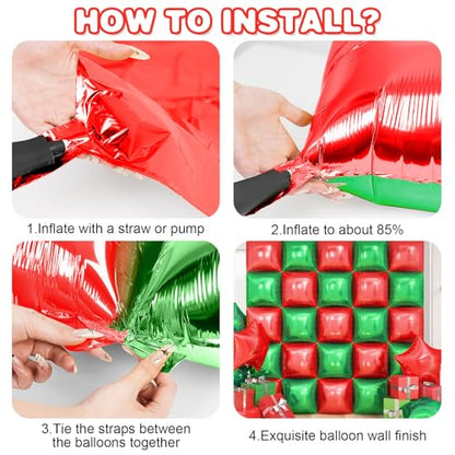 Red Green Square Foil Balloon Wall,25Pcs Double Sided Balloon Backdrop Helium Balloons Tunnel Arch Garland Kit for Christmas Birthday Anniversary Party Decorations - style: Red Green
