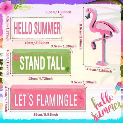 GlikCeil 4 Pcs Summer Wooden Tiered Tray Decorations Pink Flamingo Stack Blocks Table Top Sign Decor Flamingo Summer Wood Centerpieces Farmhouse Rustic Table Decor for Mantle Home Party Supplies - style: Flamingo