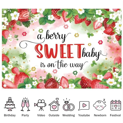 Fabric 6x4ft Strawberry Baby Shower Backdrop A Berry Sweet Baby is on The Way Photography Background Strawberry Girl 1st Birthday Newborn Party Decorations Banner Kids Adults Photo Shoot Props - size: 6x4ft(WxH)