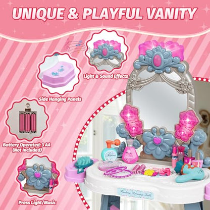 VViN Kids Vanity Set for Girls with Light & Music, Princess Vanity Table with Stool, Pretend Makeup Dresser with Crown, Scepter, Gloves & Jewelry Accessories, Toys for 3 4 5 Year Old