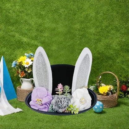 Cute Easter Bunny Ear Top Hat for Adults Rabbit Ears Cosplay Bucket Hat with Artificial Flower Costume Accessory - color: Black