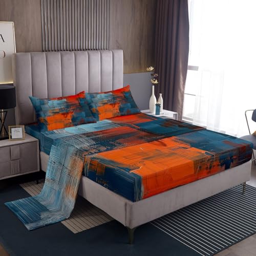 Erosebridal Red Brown Blue Ombre Fitted Sheet Vintage Artwork Bed Sheets Queen Size,Retro Watercolor Grunge Sheet Set for Kids Child,Hippie Artsy Urban Art Bed Cover Bohemian Decor - color: Multi 21, size: Queen