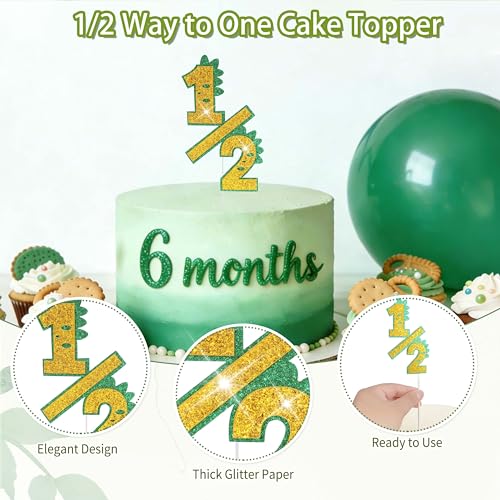 THAWAY 1/2 Birthday Dinosaur Half Birthday Decorations - Green It's My 1/2 Birth Banner Glitter Cake Topper Tassel Wood Bead High Chair Banner & Cone, Hat Halfway to One Party Supplies - color: Dinosaur Green