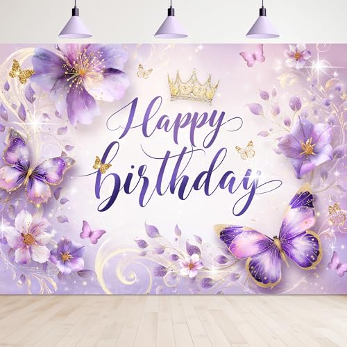 Newsely Purple Butterfly Floral Happy Birthday Backdrop 5Wx3H Photography Lilac Flower Gold Blossom Crown Princess Background Girly Elegant Bday Party Decorations Banner Photo Booth Props Supplies - color: I-Purple, size: 5Wx3H