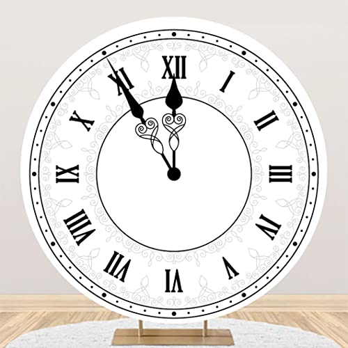 7.2x7.2ft Happy New Year Round Backdrop Cover - Polyester Luxury White Clock Countdown Photography Background for Family Xmas Eve Party Decorations Kids Adults Portrait Props - color: White, size: 7.2x7.2ft-Diameter