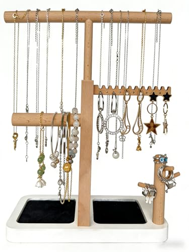 Solid Wood Jewelry Tower Organizer - 3-Tier Tree Holder Stand with 11 Earring Holes, 2 T-bar for bracelets Necklace or watches, Ring Tree & Display Tray (White) - color: White
