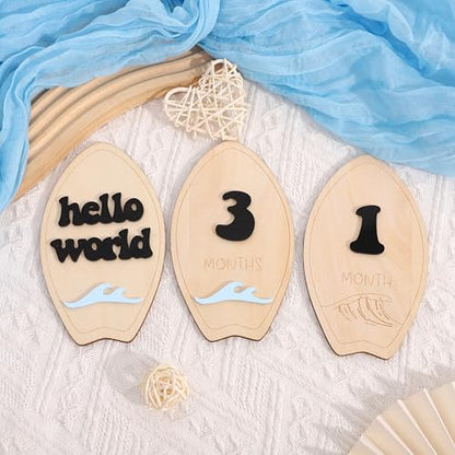 Wooden Surf Baby Monthly Milestone Cards - Beach First Year Monthly Milestone Markers, Ocean Waves Interchangeable Month Milestone Discs, Baby Photo Props