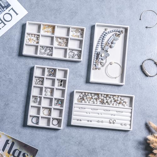Frebeauty Jewelry Organizer Tray,Stackable Velvet Jewelry Trays,Drawer Inserts Earring Organizer For Women Jewelry Storage Display Case for Rings Stud Necklaces,8.3 x 4.9 x 1 Inches (White) - color: White, size: Set 9