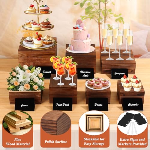 Qinzave 7 Pack Wooden Risers Display Stands with Acrylic Maker Pen and Mini Sign, Food Risers for Buffet Table Shelf Display Stand for Party Catering Dessert Cupcake Jewelry - size: 8.8" 8" 7" 6.5" 6" 5" 5"