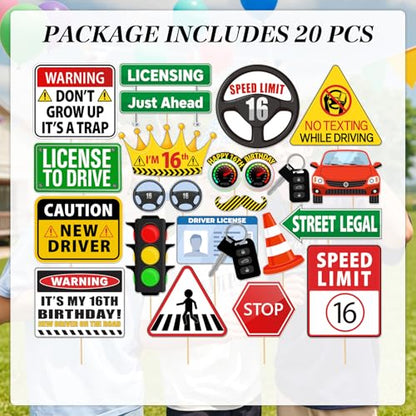 16th Party Photo Booth Props, Drivers License Theme 17th 18th New Driver Birthday Decorations for Boys Girls 20Pcs