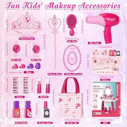 Toddler Vanity Kids Vanity Table and Chair Set, Girls Makeup Table with Mirror Lights & Music, Pretend Play Dress Up Toys with Hair Dryer, Princess Crown & Wand, Storage Bag, Gifts for Girls Age 3 4 5