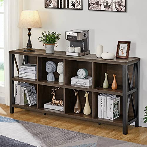 FATORRI 8 Cube Storage Organizer, 62 Inch Heavy Duty Horizontal Bookshelf, Industrial Long Bookcase and TV Stand for 65 Inch TV, Rustic Wood Accent Shelf for Living Room (Walnut Brown) - color: Walnut Brown