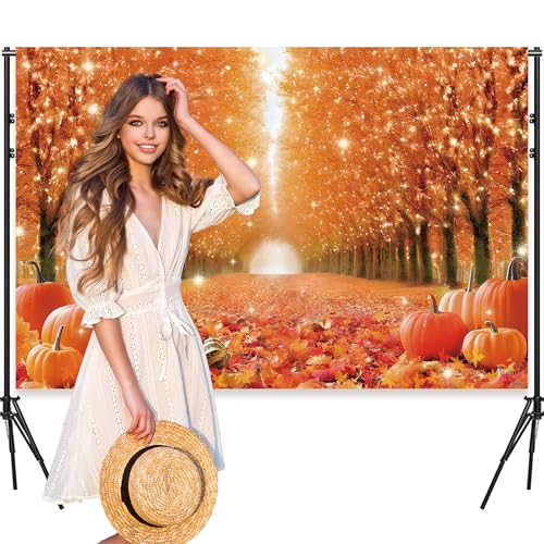 Fall Photography Backdrop 8x6ft, Autumn Maple Leaves Photo Background, Pumpkins Background for Thanksgiving Party, Farm Harvest Photo Booth Props - color: Autumn Backdrop-1, size: 8×6ft