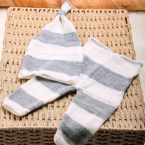 Newborn Baby Photo Shoot Props Girl Boy Crochet Knit Hat Costume Stripe Hat Pants Overalls Photography Props - color: White B