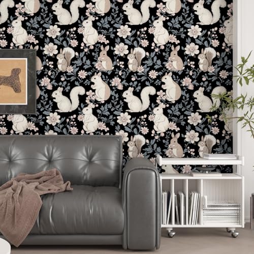 BOKEBEVE Black Animal Wallpaper Boho Wallpaper Peel and Stick Squirrel Contact Paper Vintage Forest Wall Paper Removable Waterproof Renter Friendly Wall Decor for Bathroom Kids Room 17.5 x 118In - color: Black/Blue, size: 17.5" x 118"