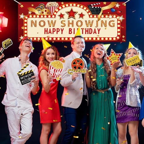 11 Pieces Movie Night Party Decorations Now Showing Banner Photography Background Movie Night Cutouts Double Sided Printing Red Carpet Clapboard Backdrop Cutout Party Cards Photo Booth Props Supplies