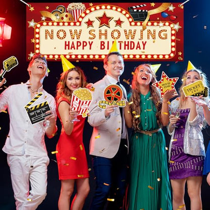 11 Pieces Movie Night Party Decorations Now Showing Banner Photography Background Movie Night Cutouts Double Sided Printing Red Carpet Clapboard Backdrop Cutout Party Cards Photo Booth Props Supplies
