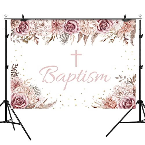 God Bless Backdrop for Girl's Baptism Boho Flowers Bohemia Decorations Photohraphy Background Blush Pink Floral First Communion Party Baby Shower Backdrops Banner Photo Booth Props 7x5ft
