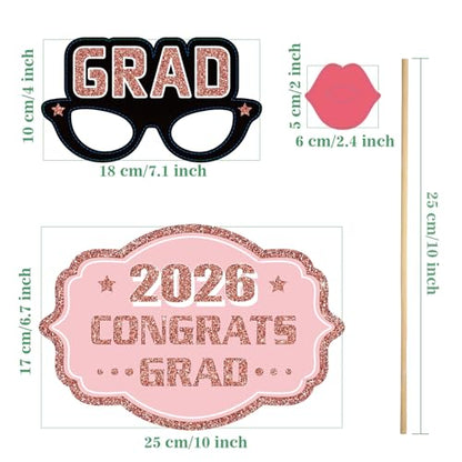 Blulu 24 Pieces 2026 Graduation Party Photo Booth Props Kit, Funny Graduation Party Selfie Props, Selfie Photo Frame for High School and College Grad Favors Supplies(Pink) - color: Pink