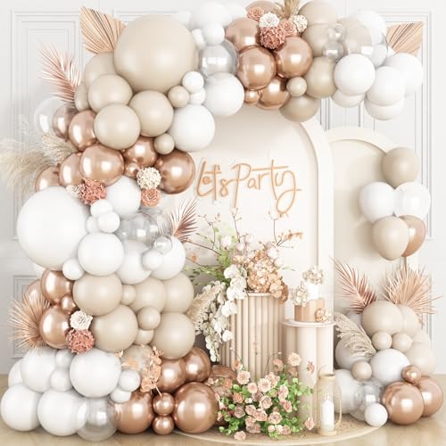 White Sand Balloon Arch Kit,Boho Balloon Garland with Champagne Gold White Cream Clear Balloons for Neutral Baby Shower Engagement Bridal Wedding Birthday Party Decoration - color: White Sand Metallic