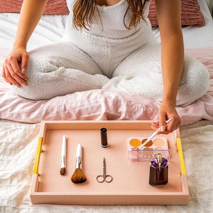 Home Redefined Modern Elegant 17.5"x12" Rectangle Baby Pink Tray Glossy Shagreen Faux Leather Decorative Ottoman Coffee Table Perfume Dresser Kitchen Serving Tray with Gold Polished Metal Handles. - color: Baby Pink & Gold