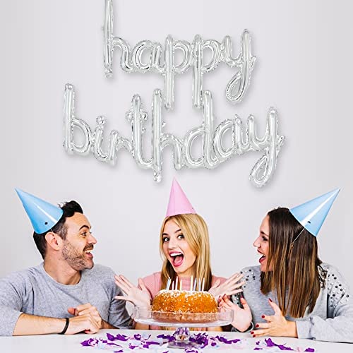 TONIFUL Silver Happy Birthday Balloons Banner, 16 Inch Mylar Foil Script/Cursive Letters Birthday Sign Banner Balloon Reusable Material for Girls Boys Kids & Adults Birthday Decorations - color: Silver