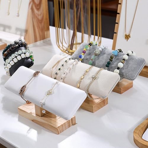 Bracelet Display Wooden Watches Display Tower Base Watch Neck Bracelet Organizer Rack Bangle Scrunchie Headband Showcase Tower Beige Suede - color: Flat Suede Beige