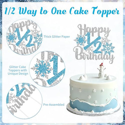 1/2 Birthday Snowflake Half Birthday Decorations - Snowflake It's My 1/2 Birth Banner Glitter Cake Topper Tassel High Chair Banner & Crown, Hat Halfway to One Boy Girl Party Supplies - color: White