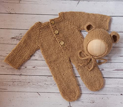 Newborn Photography Props Boys Girls Outfits Mohair Bear Hat Bonnet & Footed Romper Bodysuit Photoshoot Costume Set - color: Camel