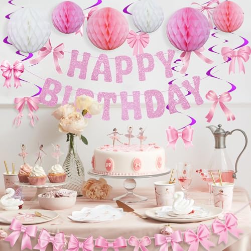 Pre-strung Pink Bow Birthday Party Decorations Glitter Happy Birthday Banner Honeycomb Balls Bows Hanging Swirls for Women Girls Coquette Party Decor
