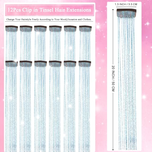 Hair Tinsel Clip in 12 Pcs Glitter Tinsel Hair Extensions 20 Inch Fairy Hair Clip in Hair Tinsel Heat Resistant Sparkly Hair Accessories for Girls Women Kids (Sky Blue) - color: Sky Blue
