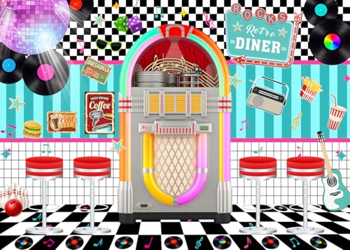 LYWYGG 7X5FT Retro Diner Party Backdrop 50s Retro Rock and Roll Diner Photography Background Sock Hop Party Backdrops cp-640