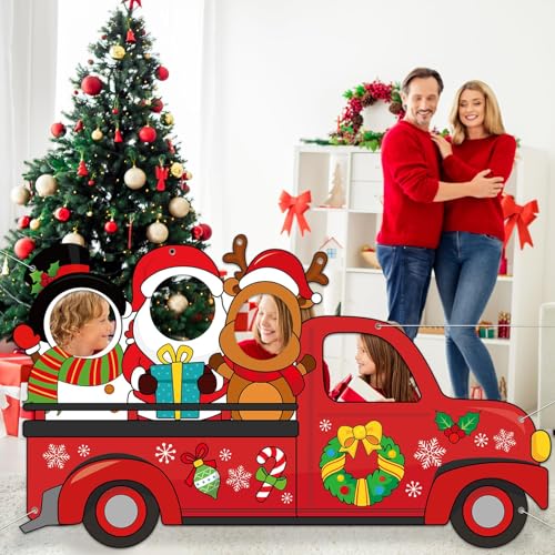 Large 75 Inch Christmas Red Truck Photo Prop Selfie Frame Christmas Party Decorations Large Fabric Red Truck Backdrop Reindeer Santa Claus Snowman Photo Booth Frame for Winter Xmas Holiday Party Decor