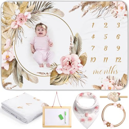 Chumia 6 Pcs Baby Monthly Milestone Blanket for Girl 60" x 40" Butterfly Milestone Blanket Age Photo Photography Backdrop with Newborn Calendar Growth Chart Bib Headband(Beigh,Boho Pattern) - color: Beigh