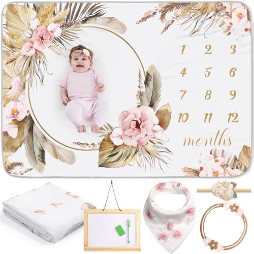 Chumia 6 Pcs Baby Monthly Milestone Blanket for Girl 60" x 40" Butterfly Milestone Blanket Age Photo Photography Backdrop with Newborn Calendar Growth Chart Bib Headband(Beigh,Boho Pattern) - color: Beigh