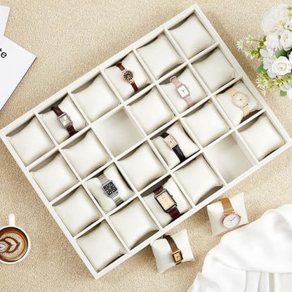 Henoyso 2 Pieces 24 Grid Velvet Watch Tray Jewelry Organizer Stackable Watch Bracelet Bangle Display Holder Adjustable Pillow(Beige) - color: Beige, size: 24 Grid