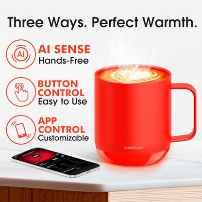 Vsitoo S6 Plus Smart Coffee Mug, 12oz,Temperature Controlled Mug & Electric Coffee Mug with Music Sync Lights，Auto-Sensing AI Heats Drinks to 120-150°F Hands-Free. Ideal for Home/Office/Gifts - Red - color: Red