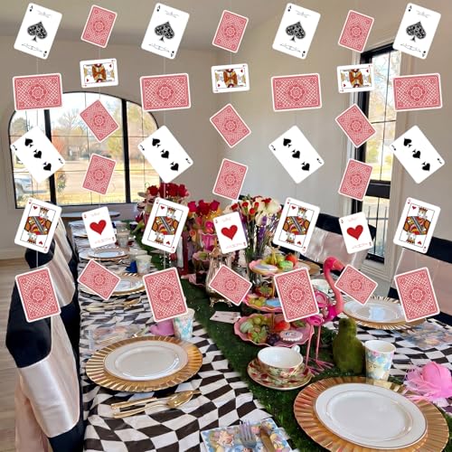 Xinnun 8 Pcs Wonderland Tea Party Decorations Wonderland Themed Poker Cards Garland Banners Heart Spade Pattern Card Hanging Decor for Birthday Baby Shower Tea Party Supplies - style: Poker Card