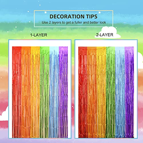 LOLStar Rainbow Party Decorations, 2 Pack 3.3x6.6ft Pride Decorations, Cartoon Birthday Decor Foil Fringe Curtains Rainbow Theme Backdrop, Streamers Photobooth Prop for Happy Kindergarten Graduation - size: 2 PACK