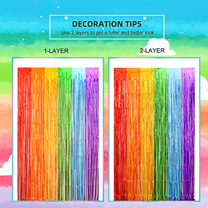 LOLStar Rainbow Party Decorations, 2 Pack 3.3x6.6ft Pride Decorations, Cartoon Birthday Decor Foil Fringe Curtains Rainbow Theme Backdrop, Streamers Photobooth Prop for Happy Kindergarten Graduation - size: 2 PACK