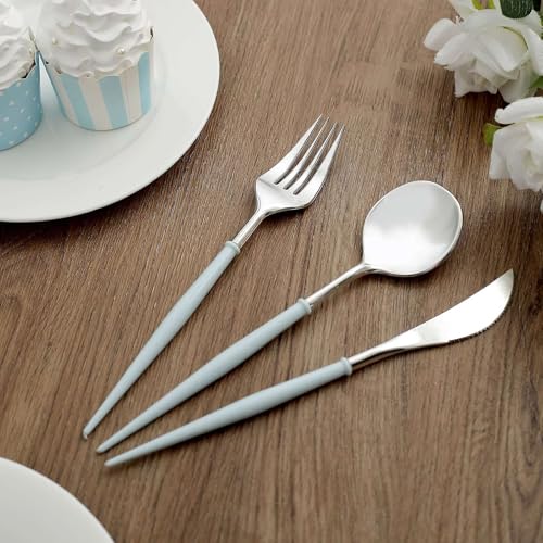 Efavormart 24-Pack 8" Silver and Baby Blue Disposable Plastic Silverware; Premium Dual-Tone Heavy-Weight Cutlery for Nautical Weddings, Boy Baby Showers and Coastal Themes - color: Silver/ Blue, size: 8"