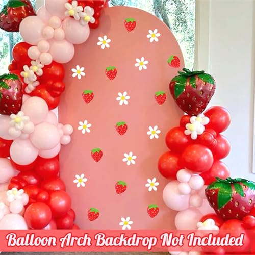 48pcs Strawberry Stickers for Balloon Arch Strawberries Theme Party Signs for Backdrop Kitchen Fruit Wall Stickers Daisy Flowers Berry First Crafts Decals for Baby Shower Girls Birthday Party Supplies - color: Red & White