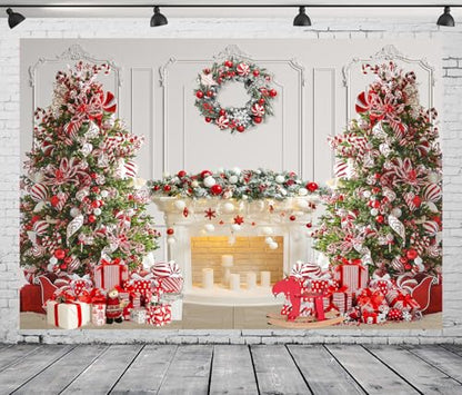 8x6 FT Christmas Fireplace Backdrop White Fireplace Red Xmas Tree Photography Background Winter Christmas Family Kids Holiday Party Theme Decorations Banner Photo Booth Props - size: 8x6 FT