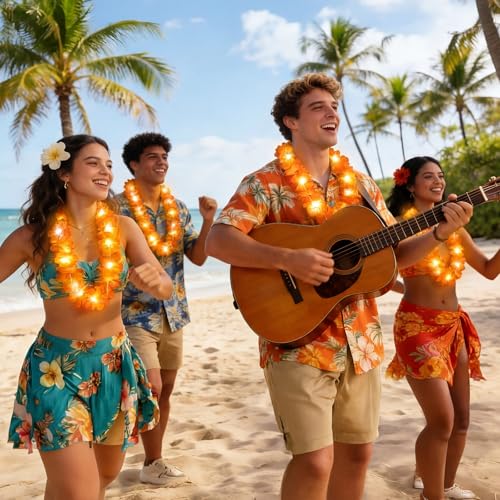 Sherr 24 Pcs LED Orange Leis Light up Wedding Hawaiian Leis Flower Necklace with LED Lights Beach Tropical Carnival Party Wedding Supplies Luau for Masquerade - color: Vibrant Orange