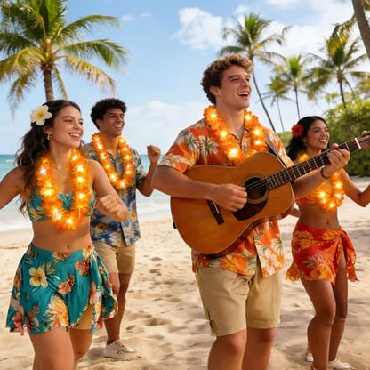 Sherr 24 Pcs LED Orange Leis Light up Wedding Hawaiian Leis Flower Necklace with LED Lights Beach Tropical Carnival Party Wedding Supplies Luau for Masquerade - color: Vibrant Orange