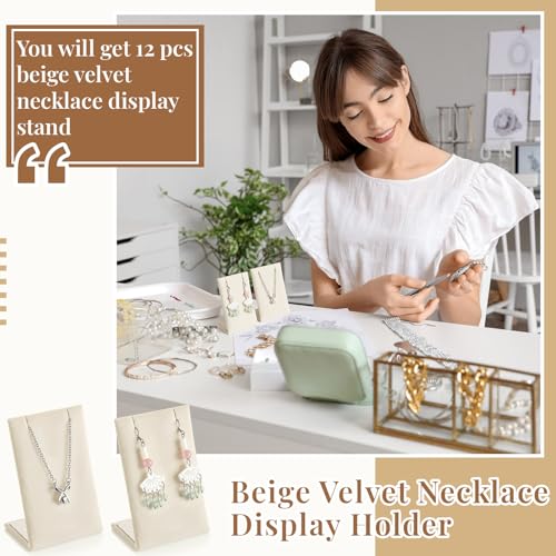 RattanView 12 Pieces Velvet Earring Display Stand Necklace Pendant Jewelry Stand Showcase Organizer Display Holder for Earring Pendant Accessory Rack(Beige,Straight Style,Velvet) - color: Beige, style: Straight Style