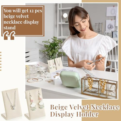 RattanView 12 Pieces Velvet Earring Display Stand Necklace Pendant Jewelry Stand Showcase Organizer Display Holder for Earring Pendant Accessory Rack(Beige,Straight Style,Velvet) - color: Beige, style: Straight Style
